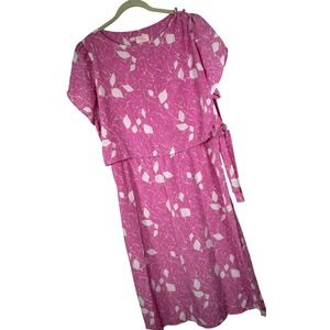 Lady Carol Vintage Pink White Leaf Print Midi Dress Tie Waist Short Sleeve Sz L*